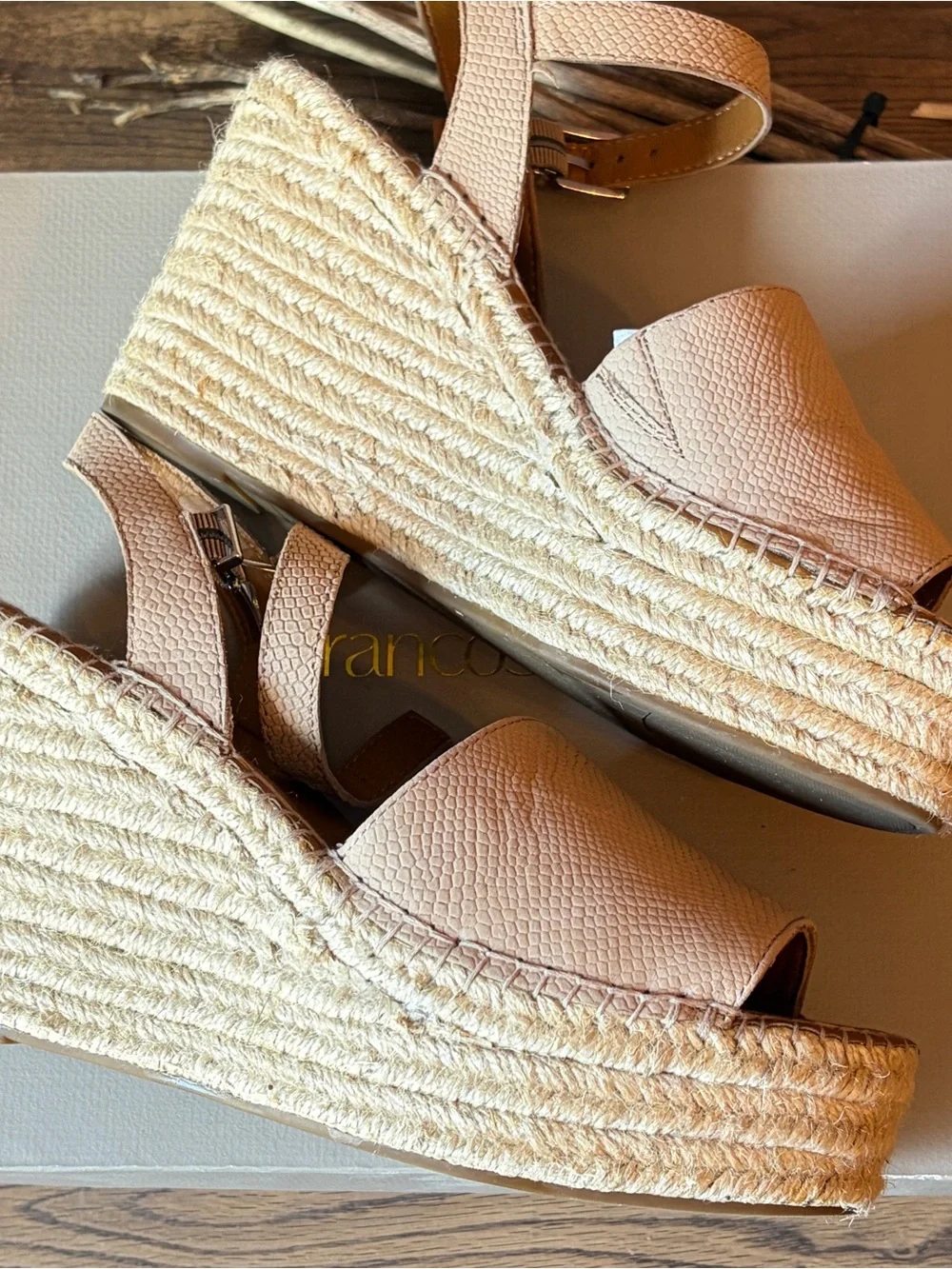 Franco Sarto 'Takara' Taupe Faux Snake Skin Espadrille Wedge Sandals -  Size 8M
